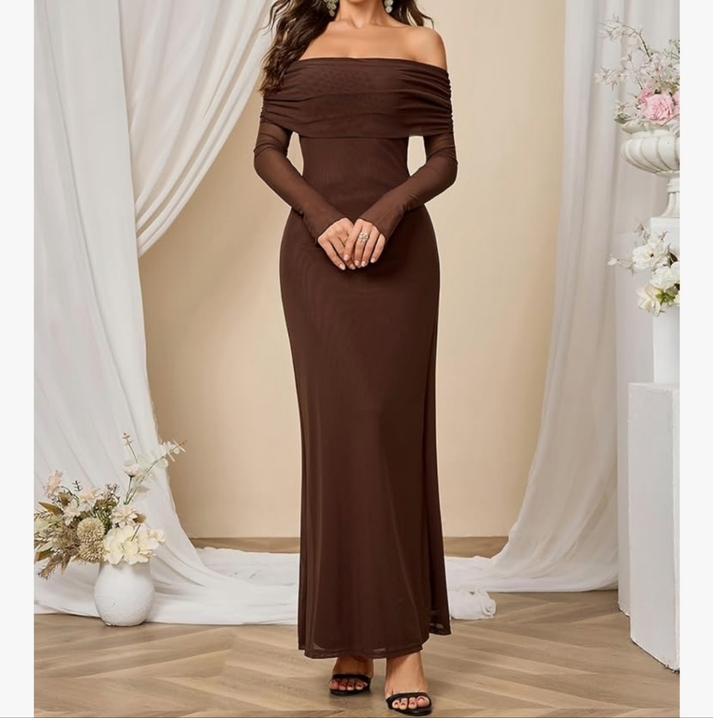 Colysmo NWT Chocolate Brown Long Sleeve Off Shoulder Mesh Maxi Dress Size Large